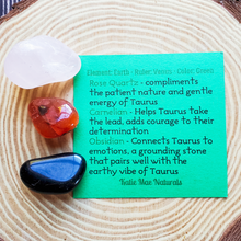 Load image into Gallery viewer, Set of 3 crystals for zodiac sign Taurus with rose quartz, Carnelian, and black obsidian