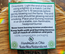 Load image into Gallery viewer, phthalate free hand dipped incense burning directions, in zero waste compostable packaging