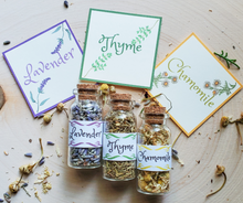 Load image into Gallery viewer, mini apothecary herb bottles, lavender, chamomile, and thyme