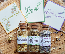 Load image into Gallery viewer, mini apothecary herb bottles, lavender, chamomile, and thyme