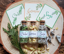 Load image into Gallery viewer, Cedar, jasmine, sage mini Apothecary Herb Bottles