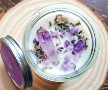 Load image into Gallery viewer, Intention candle, eco friendly soy wax candle with amethyst crystals