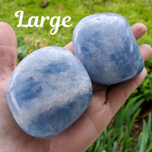 Load image into Gallery viewer, Large blue calcite palm stone gemstone, ethically mined