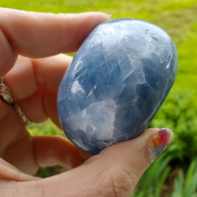 Load image into Gallery viewer, Blue calcite palm stone gemstone, ethically mined