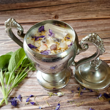 Load image into Gallery viewer, Wellness intention candle poured in a vintage sugar bowl