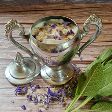 Load image into Gallery viewer, Wellness intention candle poured in a vintage sugar bowl