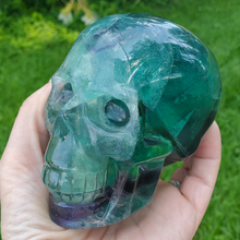 Load image into Gallery viewer, Large rainbow fluorite skull carving