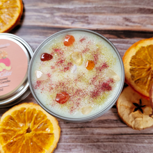 Load image into Gallery viewer, Mulled cider hand poured soy wax candle with crystals and biodegradable glitter