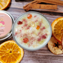 Load image into Gallery viewer, Mulled cider hand poured soy wax candle with crystals and biodegradable glitter