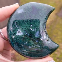 Load image into Gallery viewer, Moss Agate Moon Carving - 3 inch