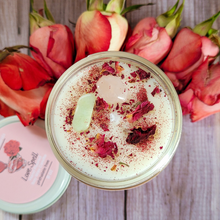 Load image into Gallery viewer, Aphrodite goddess candle with rose quartz and aquamarine crystals