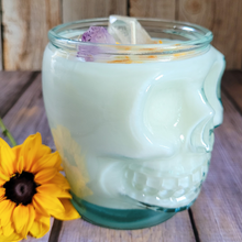 Load image into Gallery viewer, Butterfly Flower Soy Wax Candle in Recycled Glass Skull Jar - 15 oz