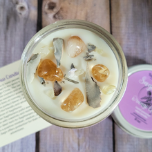 Load image into Gallery viewer, Soy wax candle with citrine crystals and sage for Sagittarius