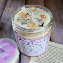 Load image into Gallery viewer, Soy wax candle with crystals for zodiac sign Sagittarius