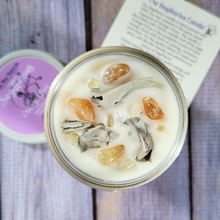 Load image into Gallery viewer, Hand poured soy wax candle with crystals for zodiac sign Sagittarius