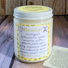 Load image into Gallery viewer, Hand poured soy wax candle with crystals for zodiac sign gemini