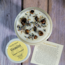 Load image into Gallery viewer, Hand poured soy wax candle with crystals for zodiac sign gemini