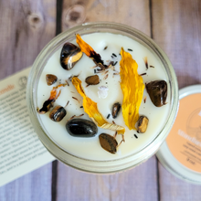 Load image into Gallery viewer, Leo candle with tigers eye gemstones