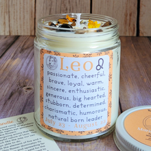 Load image into Gallery viewer, Hand poured soy wax candle with crystals for zodiac sign Leo