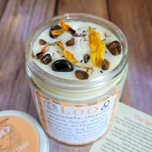Load image into Gallery viewer, Hand poured soy wax candle with crystals for zodiac sign Leo