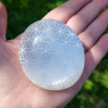 Load image into Gallery viewer, Selenite Palm Stone - Flower of Life Palm Stone