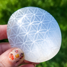 Load image into Gallery viewer, Selenite Palm Stone - Flower of Life Palm Stone