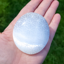 Load image into Gallery viewer, Selenite Palm Stone - Flower of Life Palm Stone