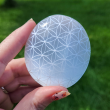 Load image into Gallery viewer, Selenite Palm Stone - Flower of Life Palm Stone