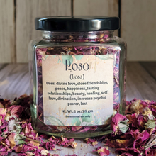 Load image into Gallery viewer, Dried rose petals in a square jar with a label against a wooden background