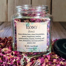 Load image into Gallery viewer, Dried rose petals in a square jar with a label against a wooden background