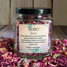 Load image into Gallery viewer, Dried rose petals in a square jar with a label against a wooden background