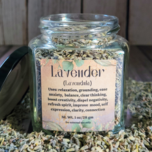 Load image into Gallery viewer, Organic dried lavender flowers in glass Apothecary jar