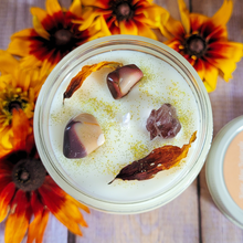 Load image into Gallery viewer, Fall scented hand poured soy wax candle with gemstones