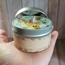 Load image into Gallery viewer, Hand poured soy wax candle with crystals for zodiac sign virgo