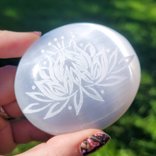 Load image into Gallery viewer, Selenite Palm Stone with Etched Lotus Flower