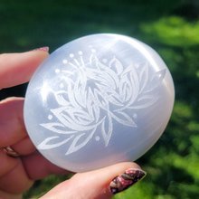 Load image into Gallery viewer, Selenite Palm Stone with Etched Lotus Flower
