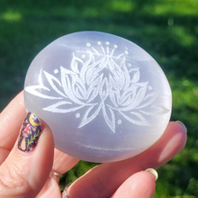 Load image into Gallery viewer, Selenite Palm Stone with Etched Lotus Flower