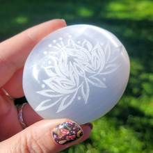 Load image into Gallery viewer, Selenite Palm Stone with Etched Lotus Flower