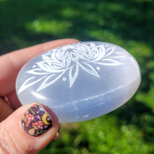 Load image into Gallery viewer, Selenite Palm Stone with Etched Lotus Flower