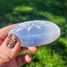 Load image into Gallery viewer, Selenite Palm Stone with Etched Lotus Flower