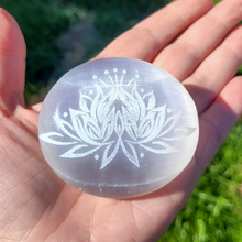Load image into Gallery viewer, Selenite Palm Stone with Etched Lotus Flower