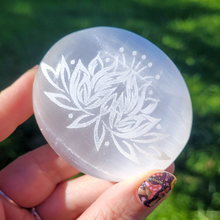 Load image into Gallery viewer, Selenite Palm Stone with Etched Lotus Flower