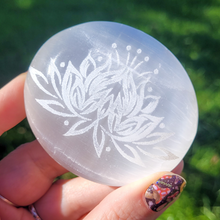 Load image into Gallery viewer, Selenite Palm Stone with Etched Lotus Flower