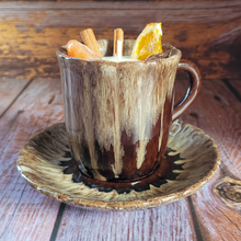 Load image into Gallery viewer, Vintage Pottery Tea Cup Candle with Saucer (Mulled Cider)