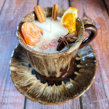 Load image into Gallery viewer, Vintage Pottery Tea Cup Candle with Saucer (Mulled Cider)