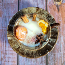 Load image into Gallery viewer, Vintage Pottery Tea Cup Candle with Saucer (Mulled Cider)