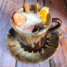 Load image into Gallery viewer, Vintage Pottery Tea Cup Candle with Saucer (Mulled Cider)