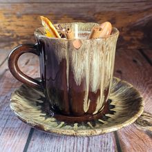 Load image into Gallery viewer, Vintage Pottery Tea Cup Candle with Saucer (Mulled Cider)