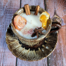 Load image into Gallery viewer, Vintage Pottery Tea Cup Candle with Saucer (Mulled Cider)
