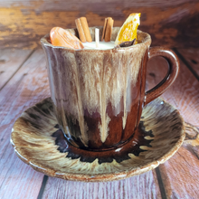 Load image into Gallery viewer, Vintage Pottery Tea Cup Candle with Saucer (Mulled Cider)